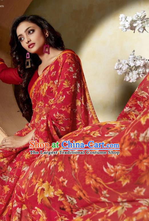 Indian Traditional Court Printing Red Chiffon Sari Dress Asian India National Festival Costumes for Women
