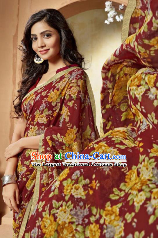 Indian Traditional Court Printing Wine Red Chiffon Sari Dress Asian India National Festival Costumes for Women