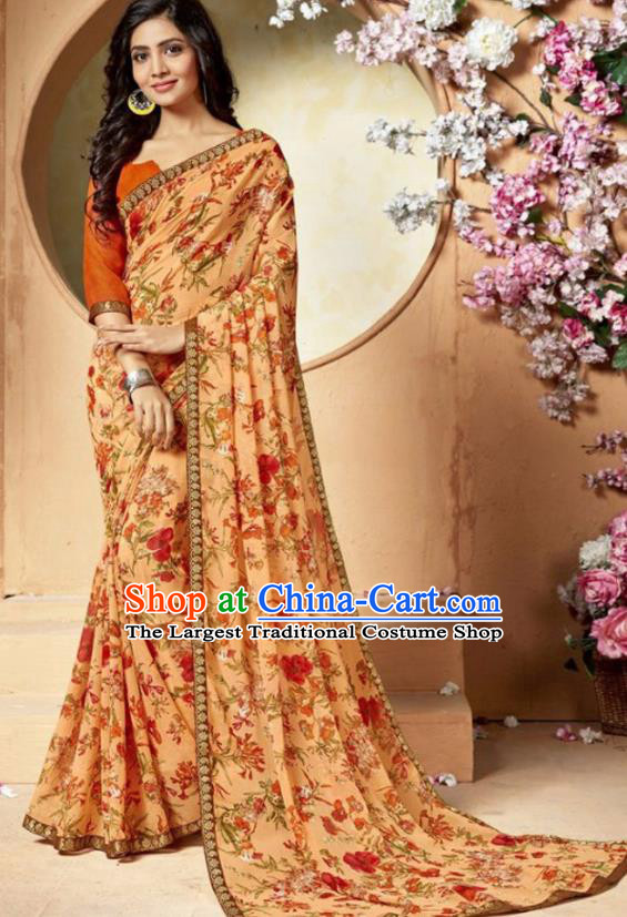 Indian Traditional Court Printing Apricot Chiffon Sari Dress Asian India National Festival Costumes for Women