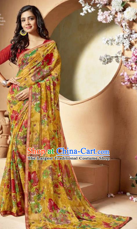 Indian Traditional Court Printing Yellow Chiffon Sari Dress Asian India National Festival Costumes for Women