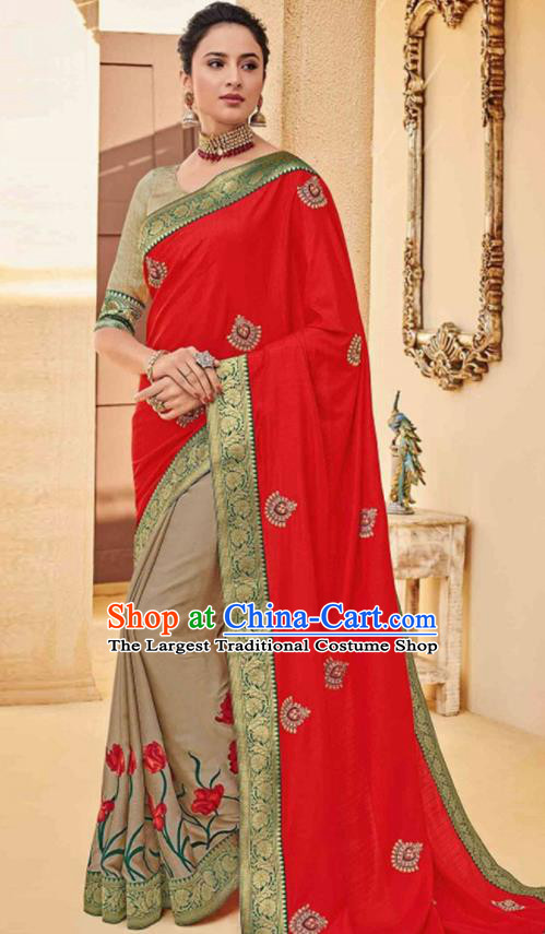Traditional Indian Saree Red and Khaki Silk Sari Dress Asian India National Festival Bollywood Costumes for Women