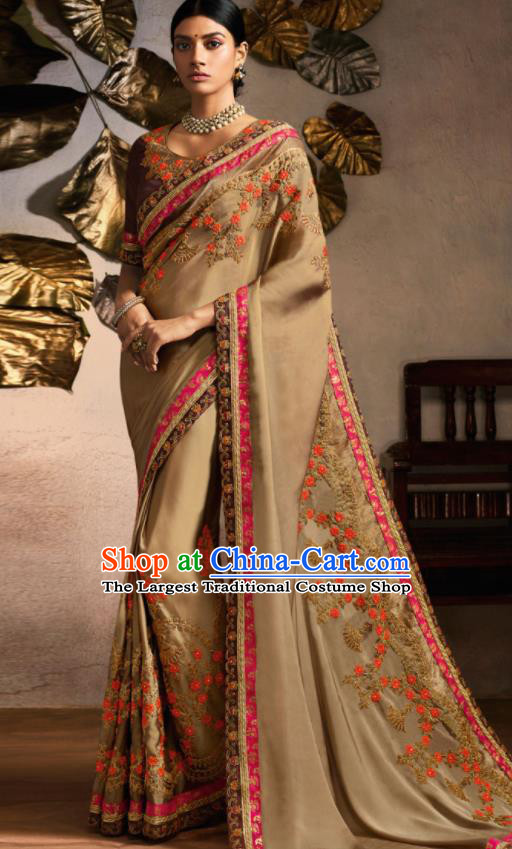 Traditional Indian Saree Bollywood Khaki Satin Sari Dress Asian India National Festival Costumes for Women