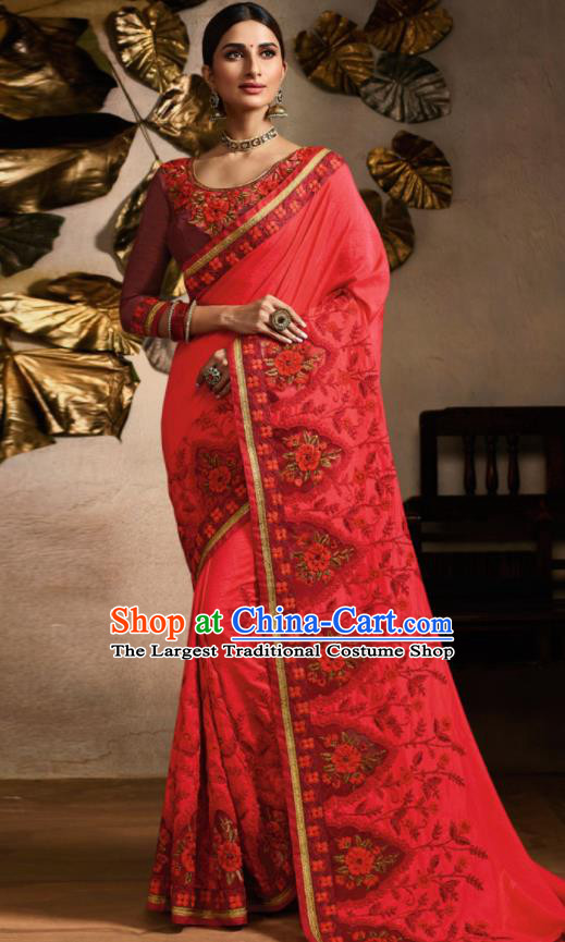 Traditional Indian Saree Bollywood Rosy Satin Sari Dress Asian India National Festival Costumes for Women