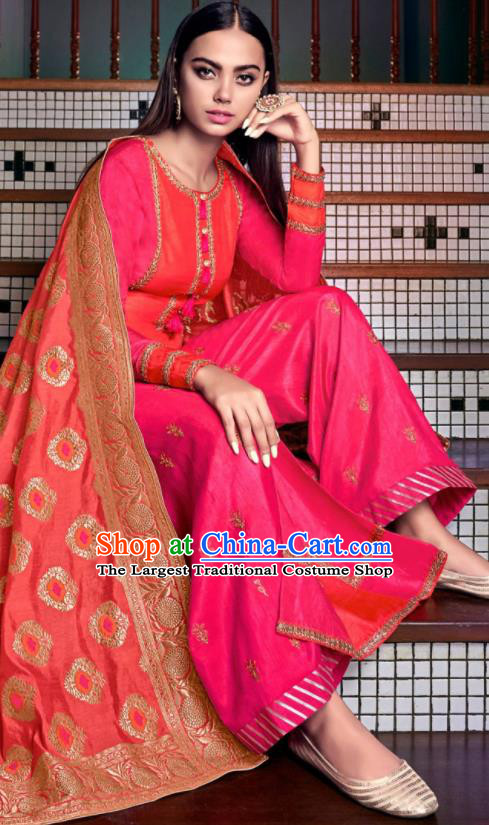Asian Indian Punjabis Embroidered Pink Tussar Silk Blouse and Pants India Traditional Lehenga Choli Costumes Complete Set for Women