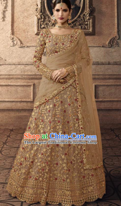 Traditional Indian Lehenga Embroidered Apricot Dress Asian India National Festival Costumes for Women