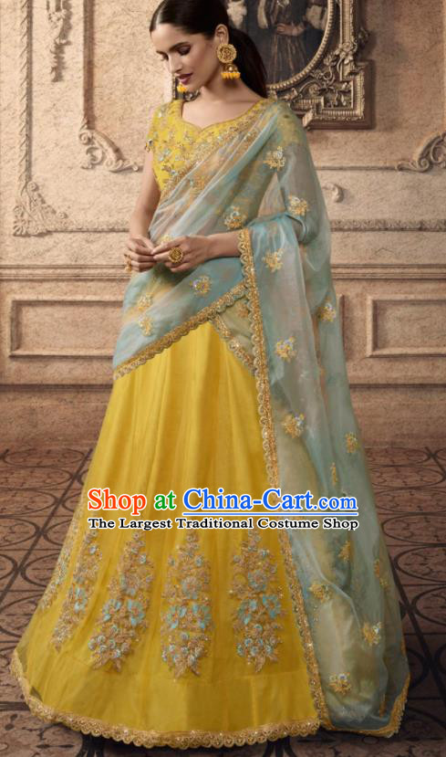 Traditional Indian Lehenga Embroidered Yellow Dress Asian India National Festival Costumes for Women