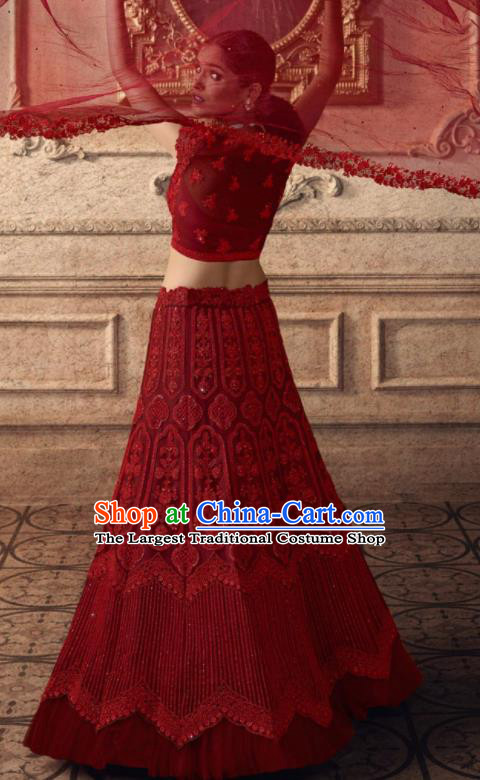 Traditional Indian Lehenga Embroidered Red Dress Asian India National Festival Costumes for Women