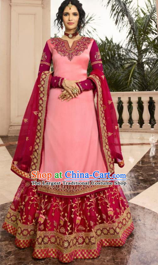 Asian Indian Punjabis Pink Satin Blouse and Wine Red Skirt India Traditional Lehenga Choli Costumes Complete Set for Women