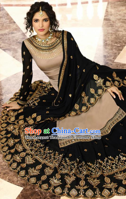 Asian Indian Punjabis Khaki Satin Blouse and Black Skirt India Traditional Lehenga Choli Costumes Complete Set for Women