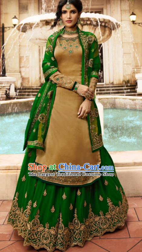 Asian Indian Punjabis Khaki Satin Blouse and Green Skirt India Traditional Lehenga Choli Costumes Complete Set for Women