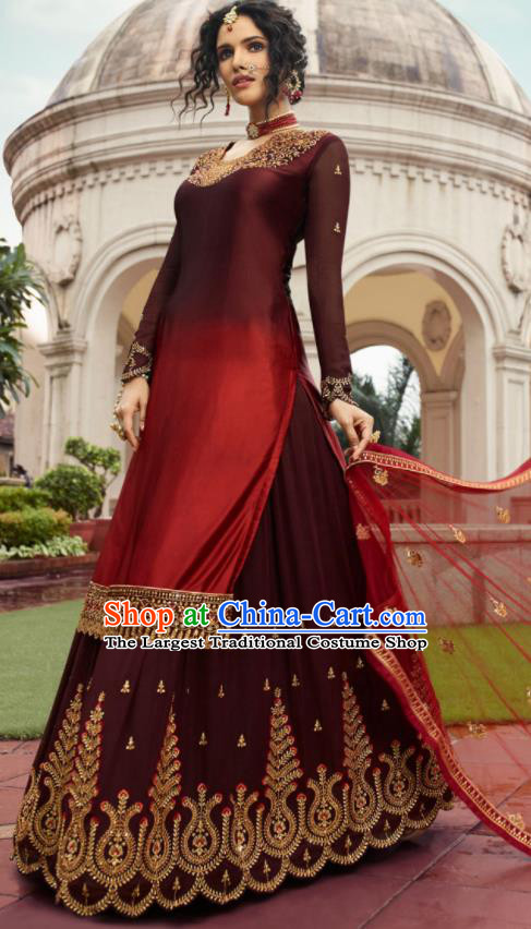 Asian Indian Punjabis Wine Red Satin Blouse and Skirt India Traditional Lehenga Choli Costumes Complete Set for Women