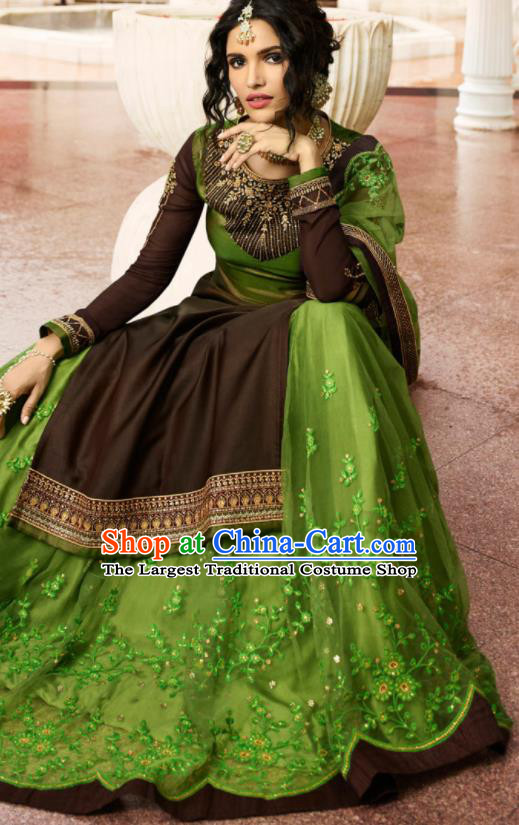 Asian Indian Punjabis Olive Green Satin Blouse and Skirt India Traditional Lehenga Choli Costumes Complete Set for Women