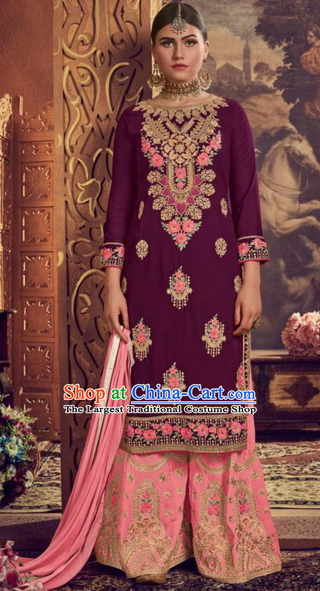 Asian Indian Punjabis Embroidered Purple Georgette Blouse and Pink Pants India Traditional Lehenga Choli Costumes Complete Set for Women