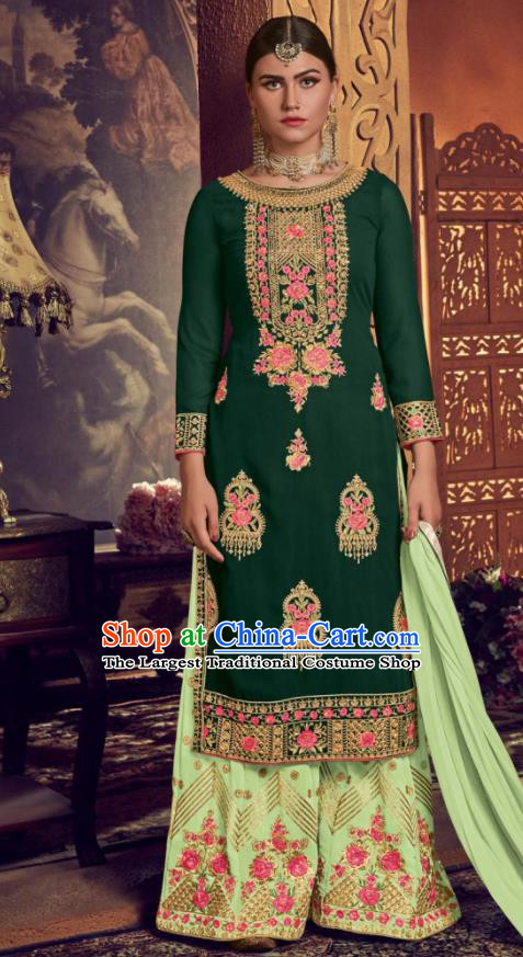 Asian Indian Punjabis Embroidered Green Georgette Blouse and Pants India Traditional Lehenga Choli Costumes Complete Set for Women