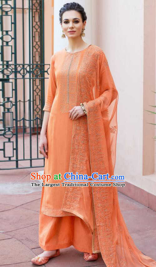 Asian Indian Punjabis Orange Muslin Blouse and Pants India Traditional Lehenga Choli Costumes Complete Set for Women