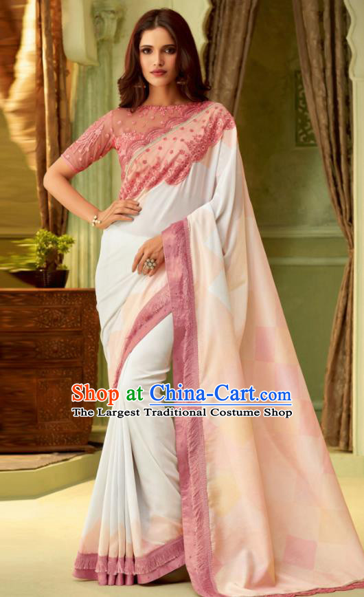 Indian Traditional Sari Bollywood White Silk Dress Asian India National Festival Costumes for Women