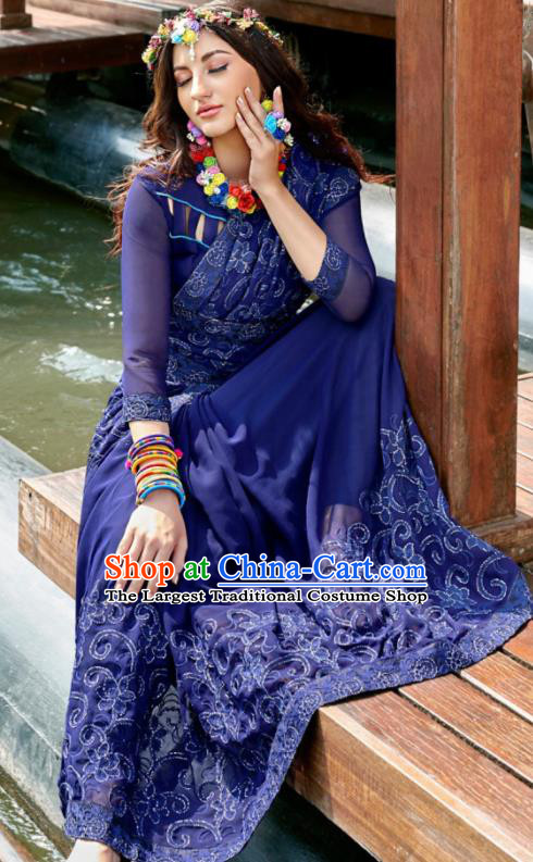 Indian Traditional Bollywood Court Embroidered Royalblue Georgette Sari Dress Asian India National Festival Costumes for Women