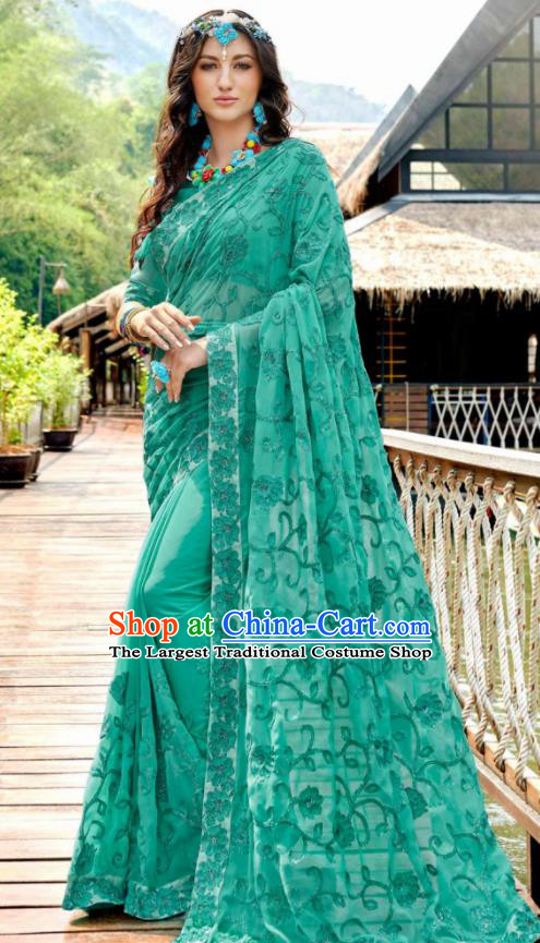 Indian Traditional Bollywood Court Embroidered Green Georgette Sari Dress Asian India National Festival Costumes for Women