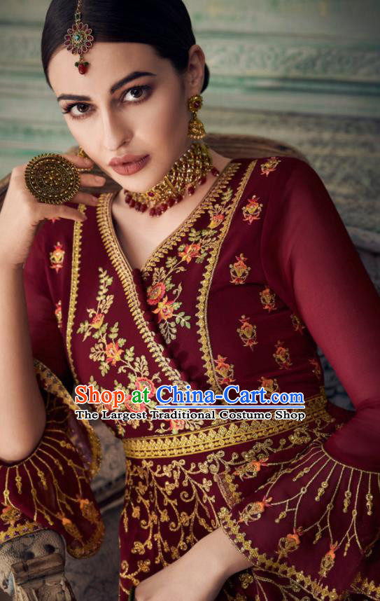 Asian Indian Punjabis Wine Red Blouse and Pants India Traditional Lehenga Choli Costumes Complete Set for Women