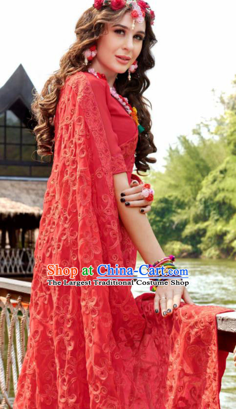 Indian Traditional Bollywood Court Embroidered Red Georgette Sari Dress Asian India National Festival Costumes for Women