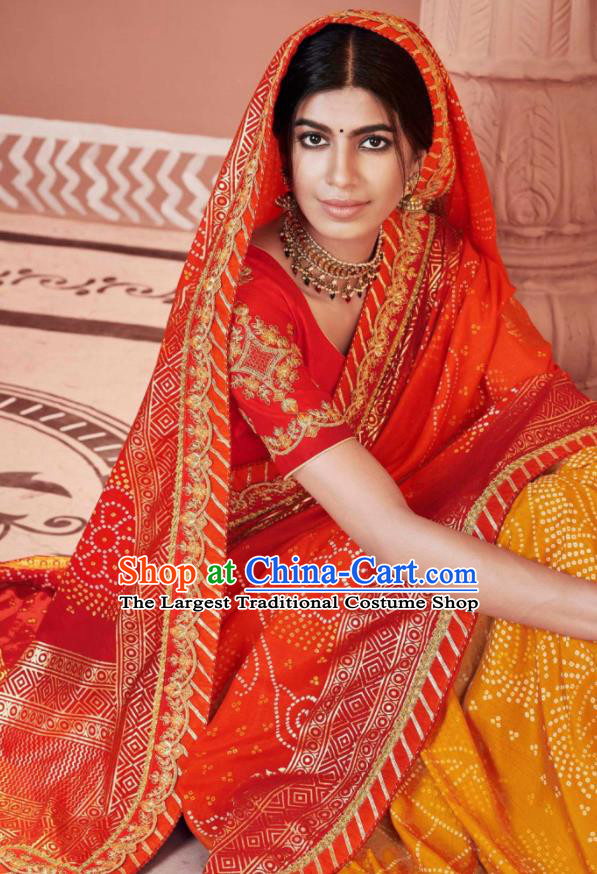 Indian Traditional Sari Bollywood Wedding Printing Red Dress Asian India National Festival Costumes for Women