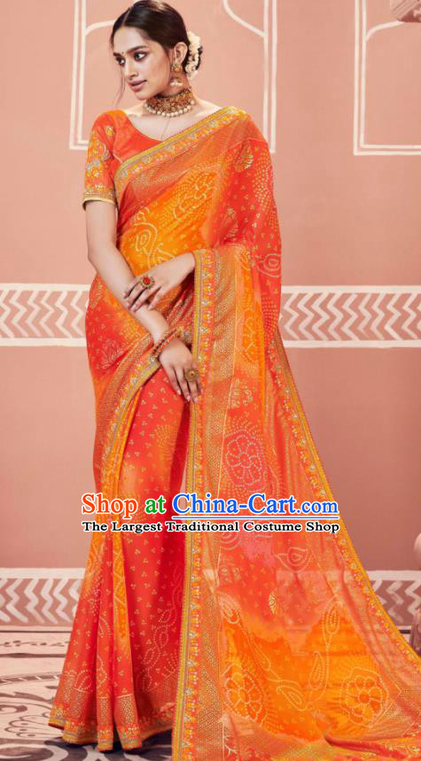 Indian Traditional Sari Bollywood Wedding Printing Orange Dress Asian India National Festival Costumes for Women