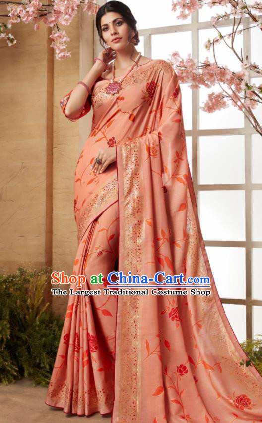 Indian Traditional Bollywood Sari Pink Dress Asian India National Festival Costumes for Women