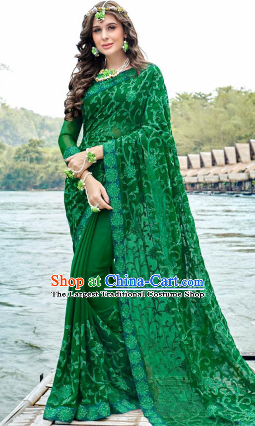 Indian Traditional Bollywood Court Embroidered Deep Green Georgette Sari Dress Asian India National Festival Costumes for Women