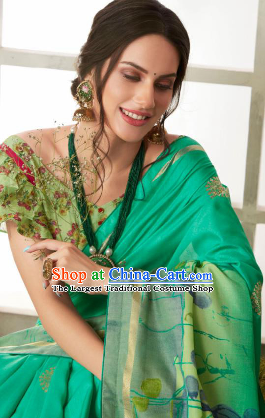 Indian Traditional Bollywood Sari Green Dress Asian India National Festival Costumes for Women