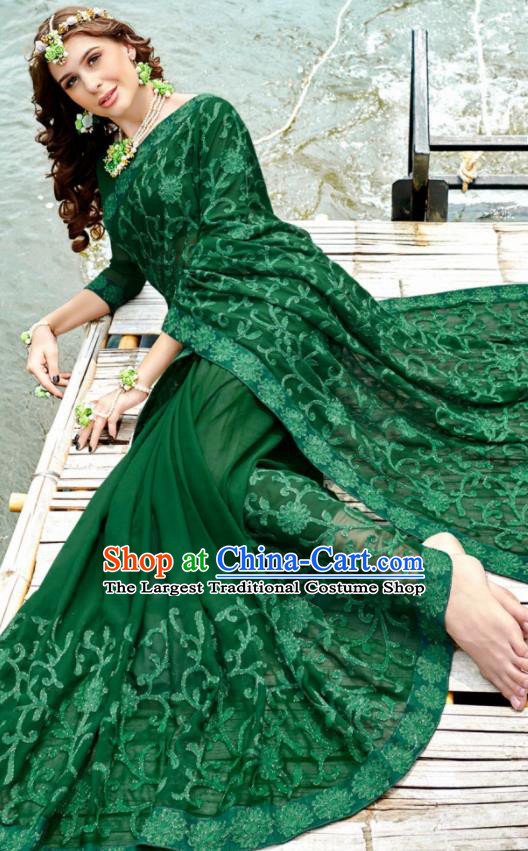 Indian Traditional Bollywood Court Embroidered Deep Green Georgette Sari Dress Asian India National Festival Costumes for Women
