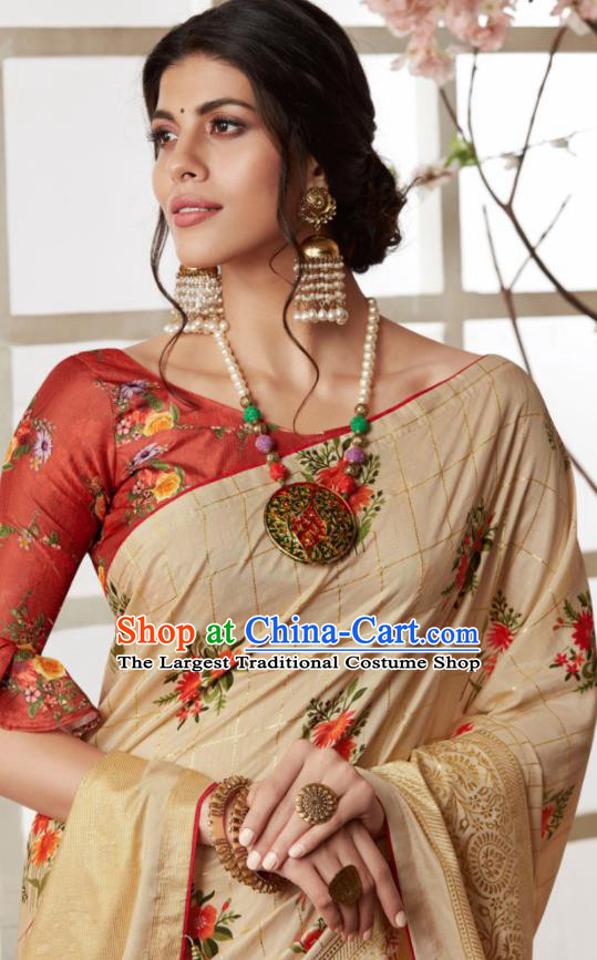 Indian Traditional Bollywood Sari Apricot Dress Asian India National Festival Costumes for Women