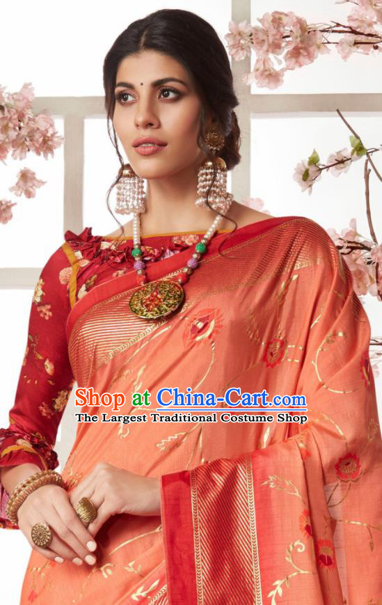 Indian Traditional Bollywood Sari Peach Pink Dress Asian India National Festival Costumes for Women