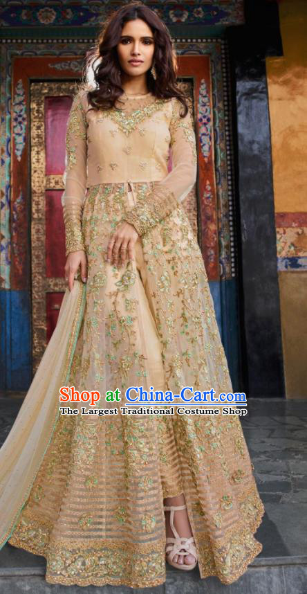 Asian Indian Embroidered Apricot Blouse and Pants India Traditional Lehenga Choli Costumes Complete Set for Women