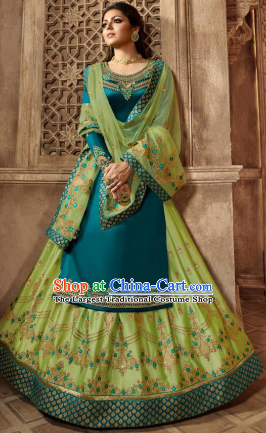 Asian Indian Embroidered Peacock Blue Satin Blouse and Green Skirt India Traditional Lehenga Choli Costumes Complete Set for Women