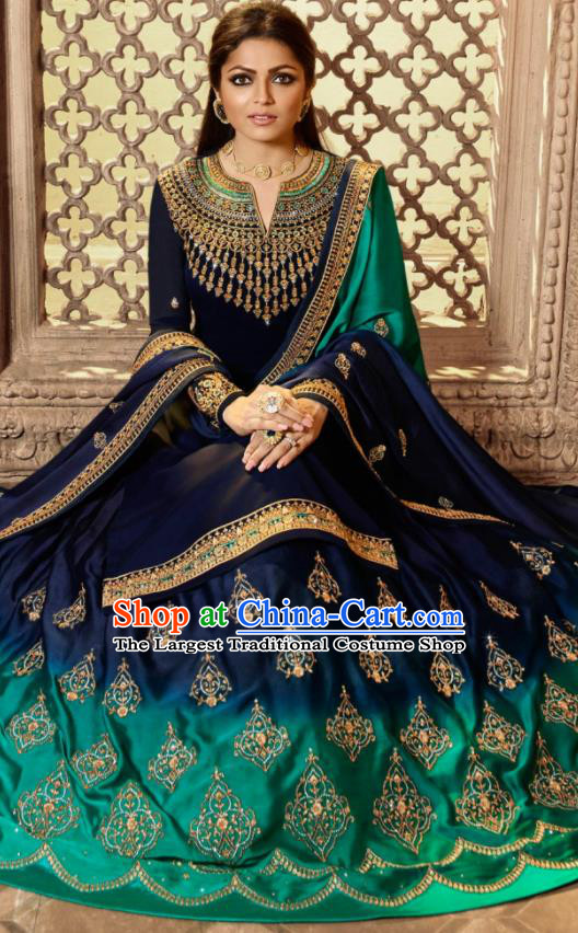 Asian Indian Embroidered Royalblue Satin Blouse and Green Skirt India Traditional Lehenga Choli Costumes Complete Set for Women
