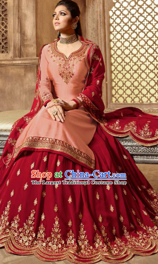 Asian Indian Embroidered Pink Satin Blouse and Wine Red Skirt India Traditional Lehenga Choli Costumes Complete Set for Women