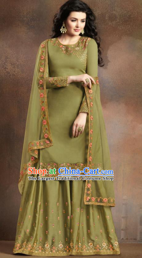 Asian Indian Traditional Embroidered Olive Green Satin Blouse and Loose Pants India Punjabis Lehenga Choli Costumes Complete Set for Women