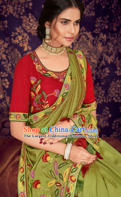 Indian Traditional Court Bollywood Embroidered Olive Green Sari Dress Asian India National Festival Costumes for Women