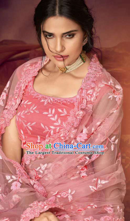 Indian Traditional Court Bollywood Embroidered Pink Veil Sari Dress Asian India National Festival Costumes for Women