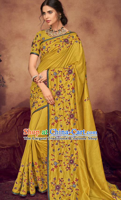 Indian Traditional Court Bollywood Embroidered Yellow Silk Sari Dress Asian India National Festival Costumes for Women