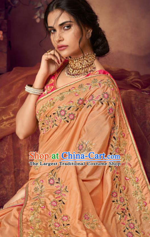 Indian Traditional Court Bollywood Embroidered Light Orange Sari Dress Asian India National Festival Costumes for Women