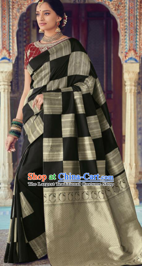 Indian Traditional Festival Black Silk Sari Dress Asian India National Court Bollywood Costumes for Women