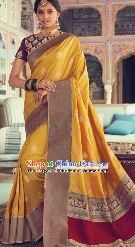 Indian Traditional Festival Golden Silk Sari Dress Asian India National Court Bollywood Costumes for Women