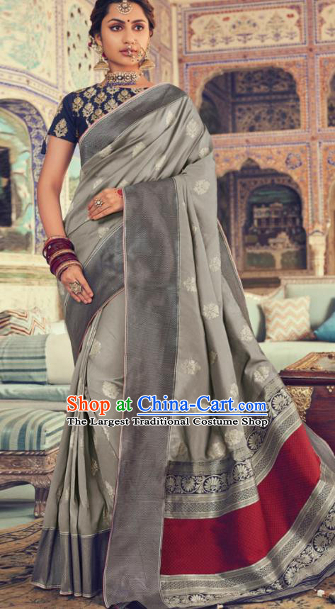 Indian Traditional Festival Grey Silk Sari Dress Asian India National Court Bollywood Costumes for Women