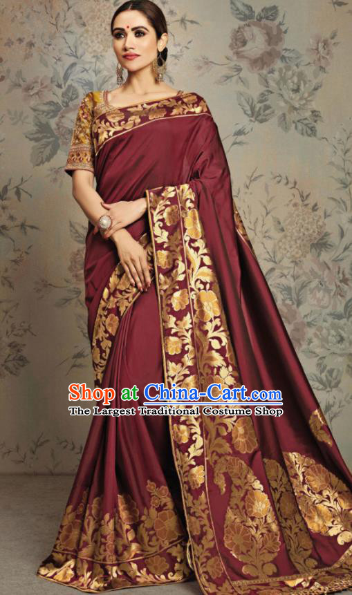 Indian Traditional Festival Jacquard Purplish Red Sari Dress Asian India National Court Bollywood Costumes for Women