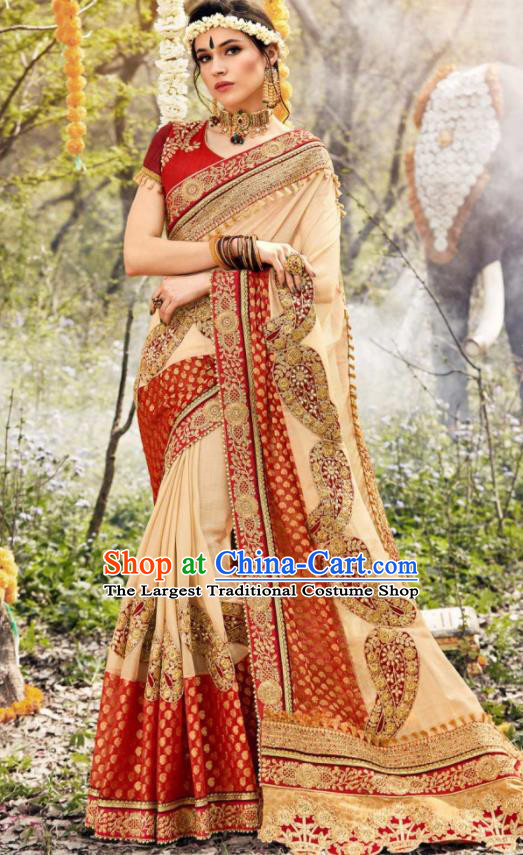 Indian Traditional Festival Apricot Georgette Sari Dress Asian India National Court Bollywood Costumes for Women