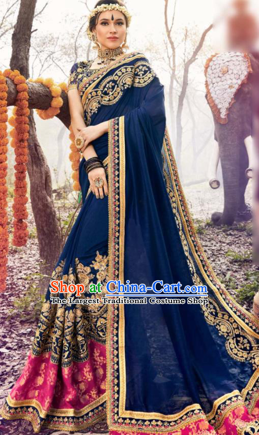 Indian Traditional Festival Navy Georgette Sari Dress Asian India National Court Bollywood Costumes for Women