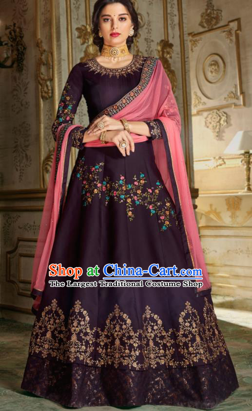 Indian Traditional Festival Deep Purple Anarkali Dress Asian India National Court Bollywood Costumes for Women