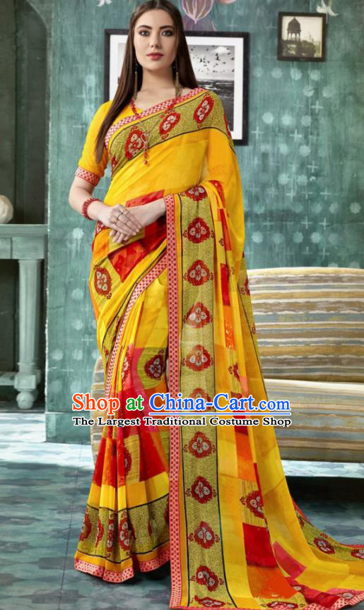Indian Traditional Bollywood Printing Sari Yellow Dress Asian India National Festival Costumes for Women