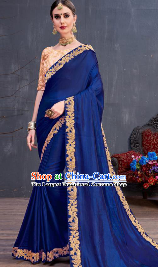Indian Traditional Festival Royalblue Silk Sari Dress Asian India National Court Bollywood Costumes for Women